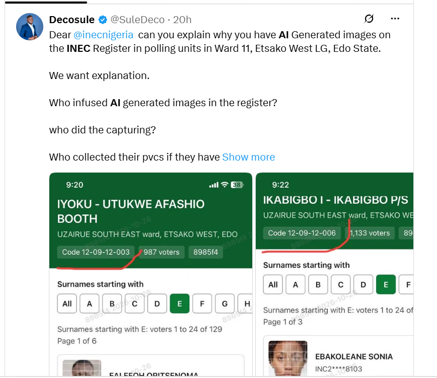 INEC slammed by Nigerians over alleged ‘AI-generated photos and names of deceased persons’ in voters’ register